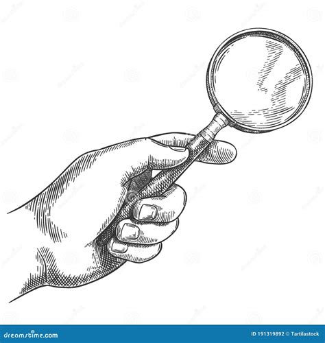 Engraved Hand Holding Magnifying Glass Retro Hand Drawn Detective Magnifier Search Sketch And