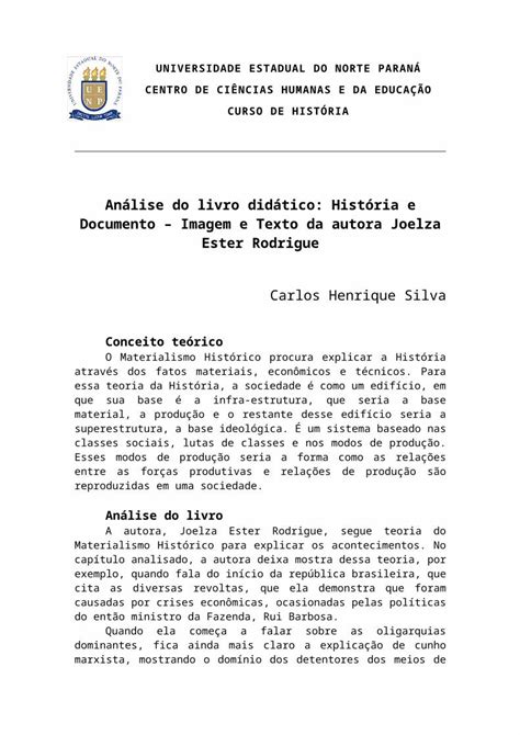 Doc Análise Do Livro Didático História E Documento Imagem E Texto Da