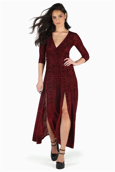 Burned Velvet Wine 3 4 Sleeve Wrap Maxi Dress Bm Limited The Fallen