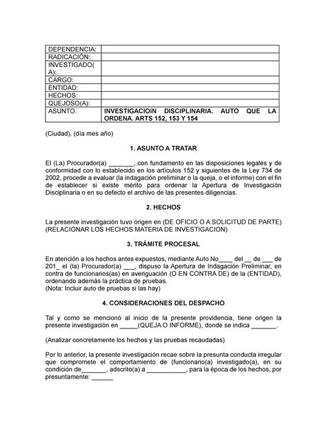 Formato Auto Apertura Investigaci N Disciplinaria Dependencia