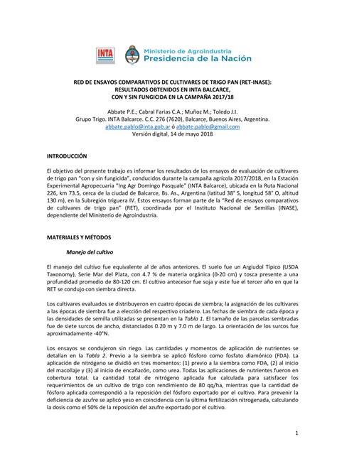 Pdf Red De Ensayos Comparativos De Cultivares De Trigo Pan Ret Inase