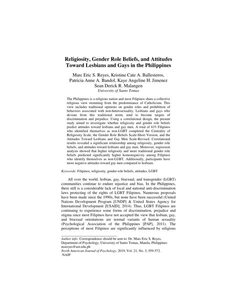 Pdf Religiosity Gender Role Beliefs And Attitudes Toward Lesbians