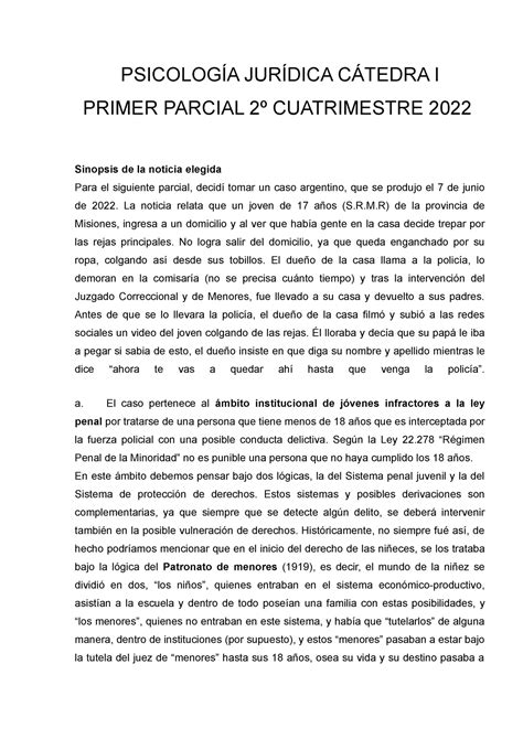 1 Parcial Juridica Ghiso PSICOLOGÍA JURÍDICA CÁTEDRA I PRIMER PARCIAL