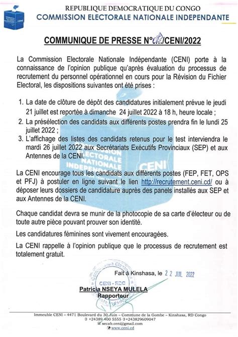 Ceni Rdc On Twitter 🔴🔴🔴urgent CommuniquÉ De Presse N° 029ceni2022