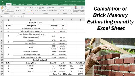 Calculation Of Brick Masonry Estimating Quantity Excel Sheet