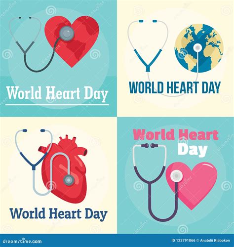 World Heart Day World Banner Set Flat Style Stock Vector