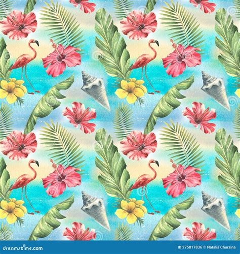 Tropical Seamless Pattern With Palm Leaves Pink Flamingos Red