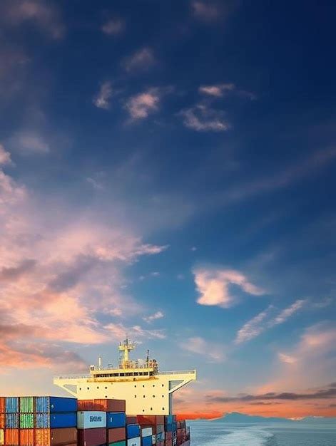 Container Cargo Ship In Ocean At Sunset Dramatic Sky Background With