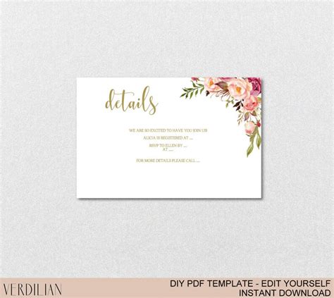 Blush Floral Details Card Editable Template 3 Versions Etsy