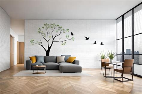 Premium Photo | A living room with a wall mural of birds and a tree