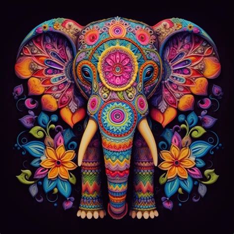 Elefante De Colores Brillantes Con Flores Y Remolinos Sobre Fondo Negro