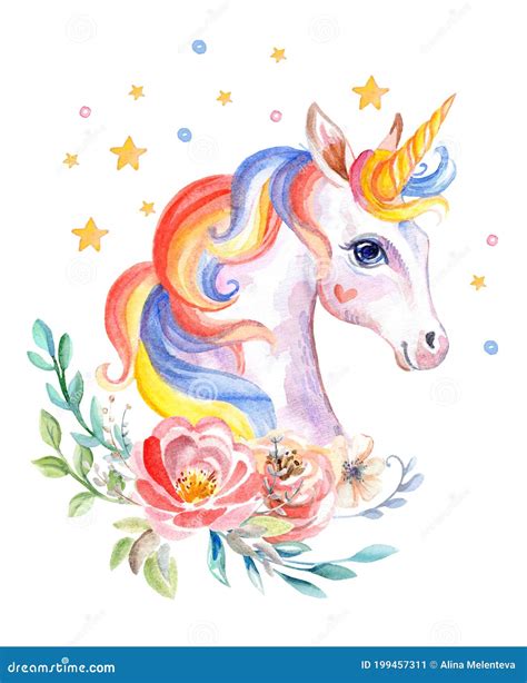 Watercolor Cute Unicorn Portrait With Beautiful Flowers Stock