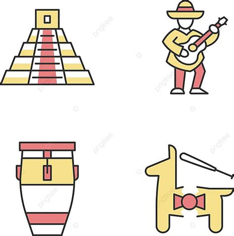 Mexican Culture Color Icons Set Cinco De Mayo Clip Art Pyramide Vector