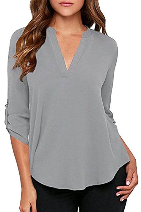 Face N Face Womens Summer V Neck Solid Loose Casual Cuffed Long Sleeve