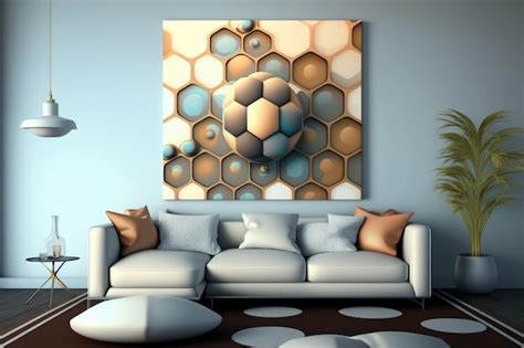 Premium AI Image | A living room with a picture of a hexagon on the wall