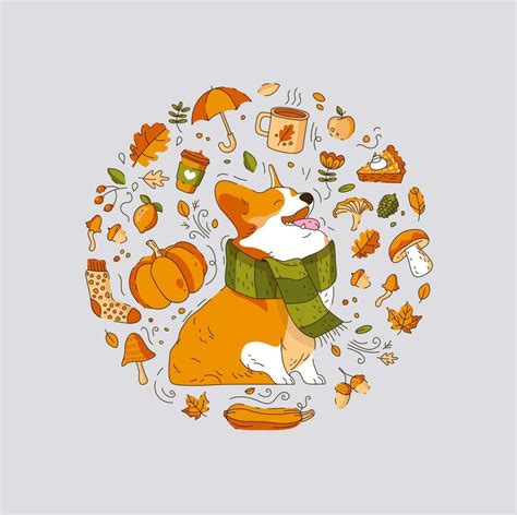 Happy Corgi Dog in a scarf enjoys Fall. A Set of Autumn Elements in ...