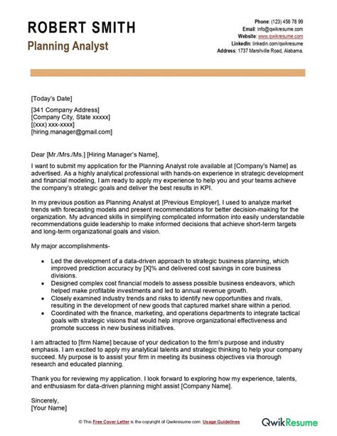 Planning Analyst Cover Letter Examples QwikResume