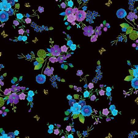 SPECIALTY FABRICS Small Tossed Blue Aqua And Purple Flowers On Black