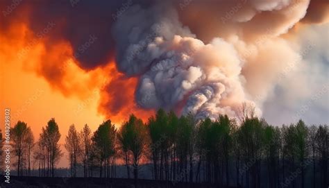 Huge clouds of smoke from forest fire rise into sky. Fire burned all vegetation in forest ...