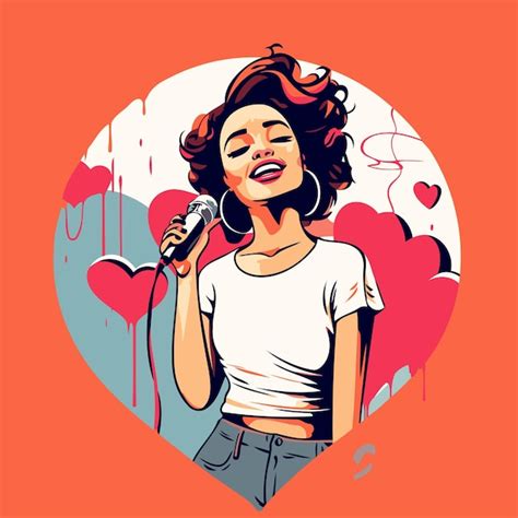 Mujer De Arte Pop Cantando Karaoke En Forma De Corazón Ilustración