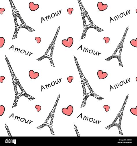 Black And White Eiffel Tower With Red Hearts Cute Romantic Seamless