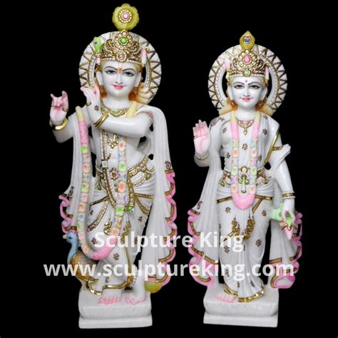 Plain Hindu White Marble Radha Krishna Statues For Temple Size 15