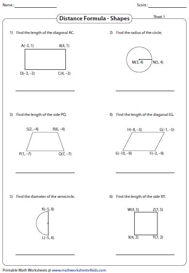 Distance Formula Worksheets