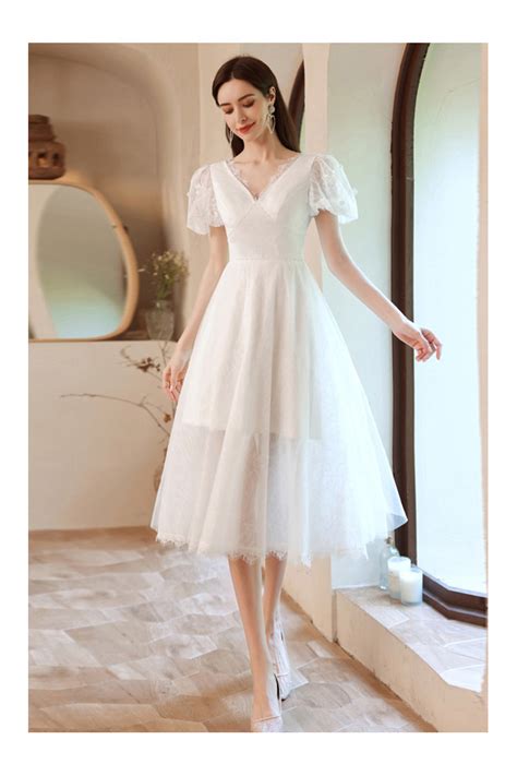 Tea Length Ivory Lace Hoco Wedding Reception Dress With Vneck Sleeves