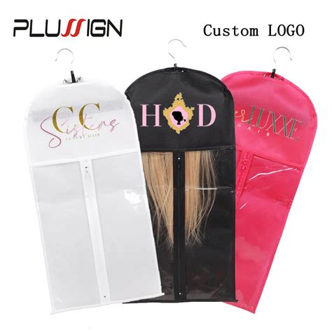 Hair Bag With Hanger Customize Logo Name Black Pink Packaging Bags For