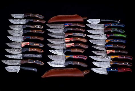 30 pieces Damascus steel fixed blade skinning knives lot with Leather ...