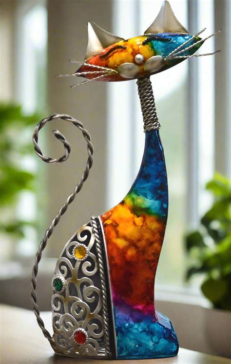 Multicoloured Metal Cat Ornament Left Facing