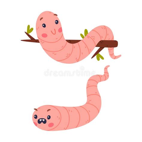 Funny Pink Worm Character With Long Tube Body Hanging On Tree Branch