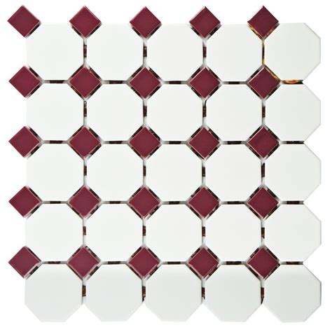 Merola Tile Metro Octagon Matte White With Burgundy Dot 11 12 In X 11