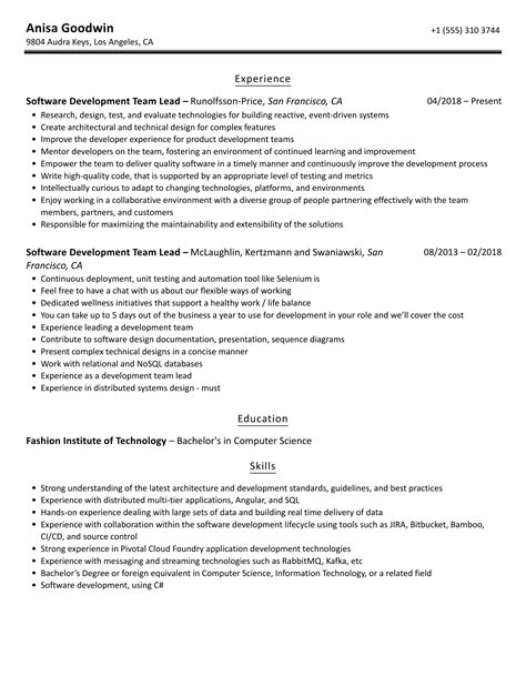 Software Development Team Lead Resume Samples Velvet Jobs