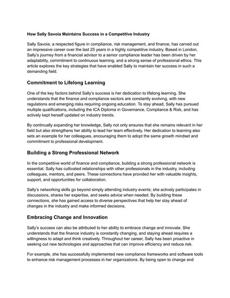 How Sally Savoia Maintains Success in a Competitive Industry | PDF