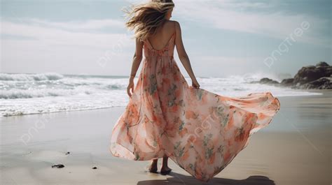 Woman Walking Down A Beach In A Long Dress Background Flowy Dress For