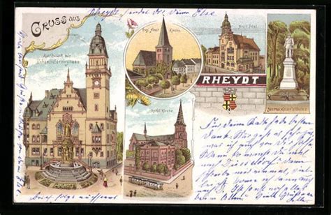 Lithographie Rheydt Rathaus Mit Hohenzollernbrunnen Kirchen