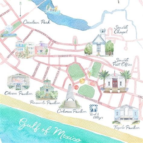 Seaside Florida Map Watercolor Art Print Beach Art South - Etsy