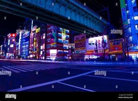 A Night Neon Street At The Downtown In Akihabara Tokyo Wide Shot Stock