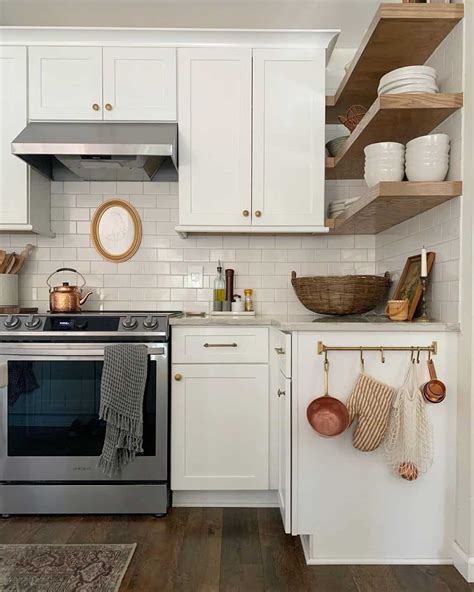 White Tiled Kitchen With Wood L Shaped Floating Shelves Soul Lane