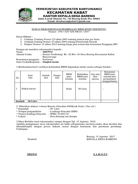 Contoh Surat Rekomendasi Pembelian Bbm Jenis Tertentu Delinewstv
