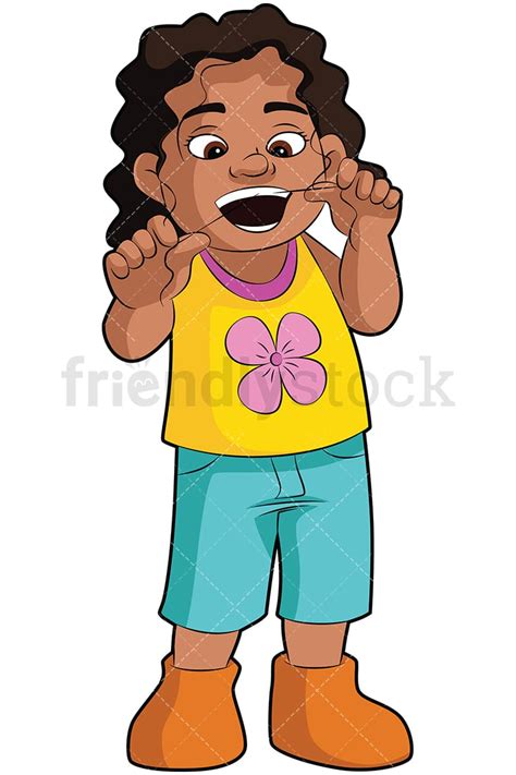 Black Girl Flossing Her Teeth Vector Cartoon Clipart - FriendlyStock