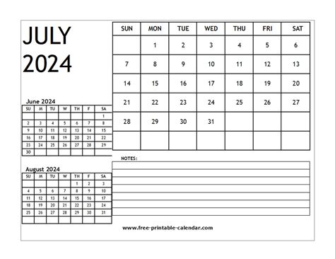 Blank 2024 Calendar July Free Printable