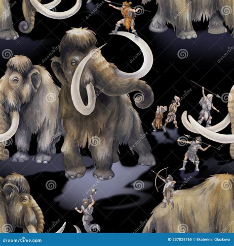 Watercolor Scene of Primordial Humans Hunting on a Mammoths Stock ...