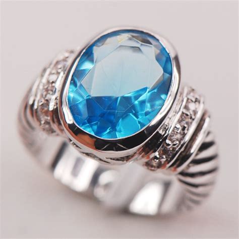 Blue White Crystal Zircon Sterling Silver Woman Ring Size