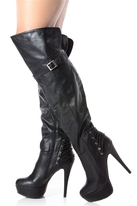 Black Faux Leather Thigh High Platform High Heel Boots Cicihot Boots