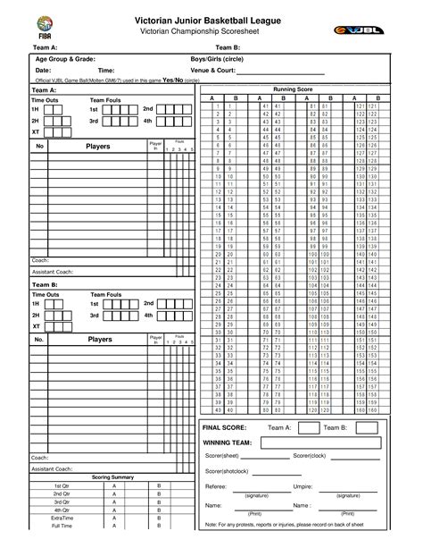 Basketball Score Sheet Free Printable