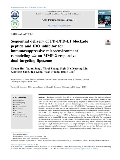 Pdf Sequential Delivery Of Pd 1pd L1 Blockade Peptide And Ido