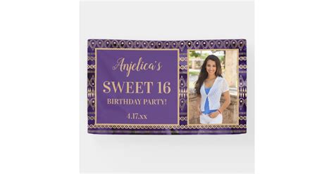 Sweet 16 Birthday Purple Gold Boho Photo Banner | Zazzle