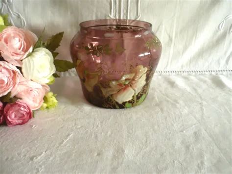 ANCIEN VASE VERRE peint émaillé verrerie fleurs Legras Montjoye 13 12cm